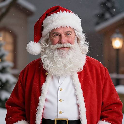 Photograph of an elderly Santa Claus with a white beard, red coat, white shirt, black belt, and red hat, standing outdoors in a snowy