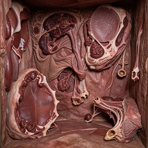 Photograph of detailed, close-up cross-section of raw, marbled meat showing intricate textures, veins, and fat layers in dark red and pink hues