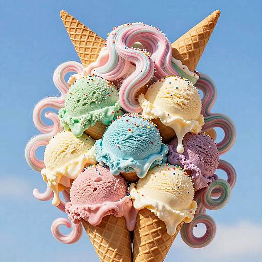 Photorealistic CGI of a colorful ice cream cone with six scoops (pink, green, blue, purple, yellow, white) topped with swirl