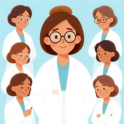 Digital illustration of a female doctor with brown hair, glasses, and a white coat, surrounded by six other smiling female doctors in white coats. Light blue