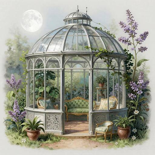 Victorian Glass Greenhouse Nook with Moonlight