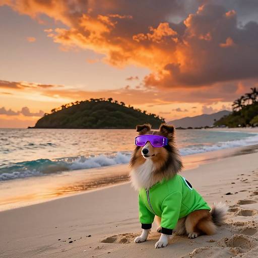 Sheltie in Sci-Fi Outfit on Tropical Beach at Sunset