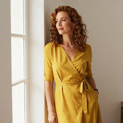Photograph of a red-haired woman with curly hair, wearing a yellow V-neck dress, standing near a sunlit window.