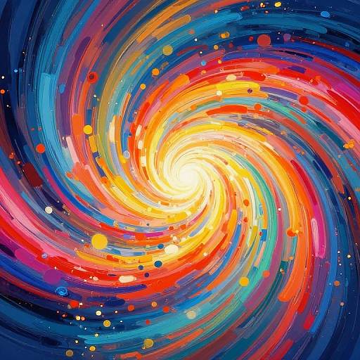 Vibrant digital painting of a swirling galaxy with colorful, concentric rings in reds, blues, yellows, and oranges, dotted with bright