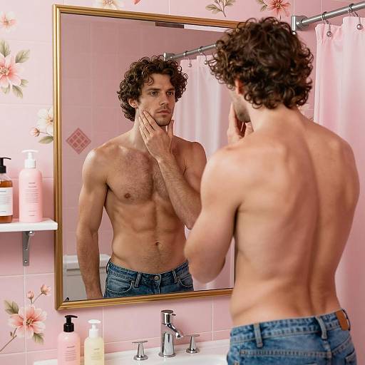 Muscular Man in a Pink Bathroom Setting
