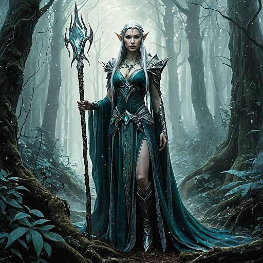 Elven Sorceress with Crystalline Staff in Mystical Forest