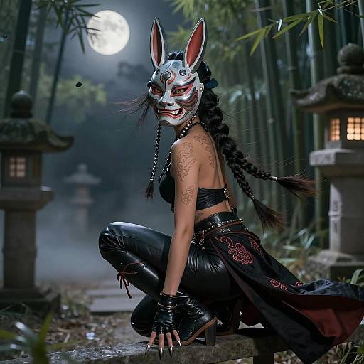 Nocturnal Assassin in Oni Rabbit Mask at Moonlit Bamboo Forest