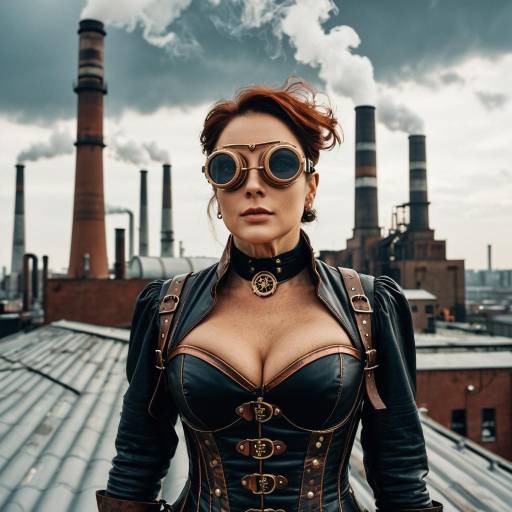 Steampunk Woman with Goggles on Industrial Rooftop