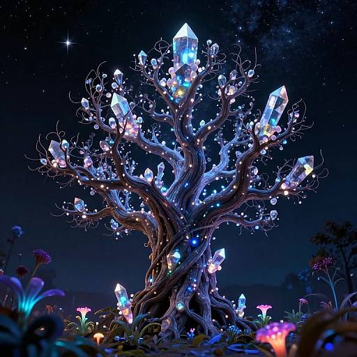 Fantasy Tree with Glowing Crystals