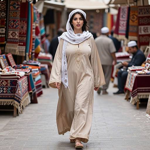 Photograph of a woman in a beige satin dress and white lace headscarf walking through a vibrant, patterned bazaar with vendors and colorful textiles