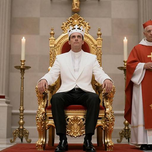 Man in White Suit Sitting on Golden Throne