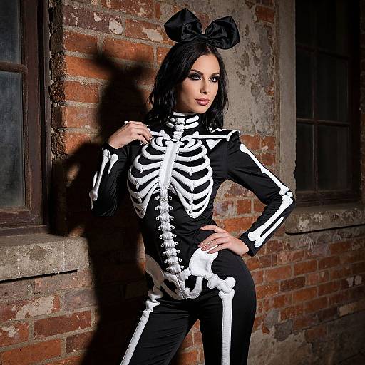 Photograph of a pale-skinned woman with black hair, wearing a black skeleton-themed bodysuit, bow headband, and standing against a rustic