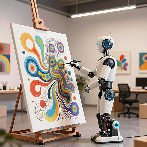 Futuristic AI Drawing Robot Scene