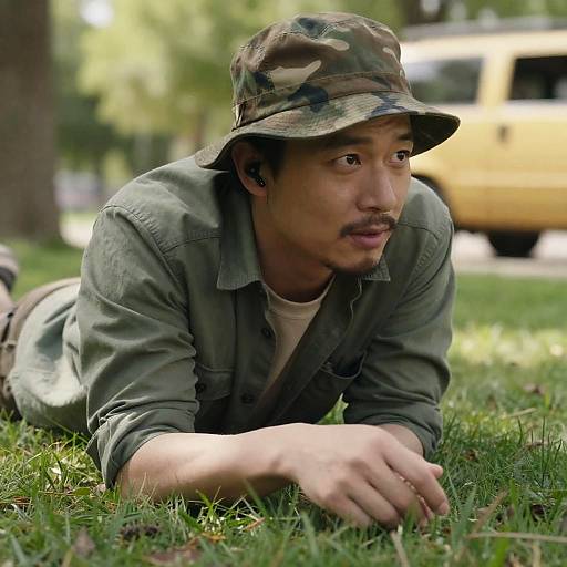 Man in Camouflage on Sunlit Grass