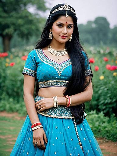 Woman in Traditional Blue Lehenga Outdoors
