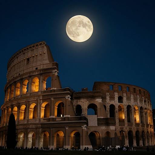 Photograph of the Colosseum at night, illuminated with warm yellow lights, under a large, bright full moon in a dark blue sky.