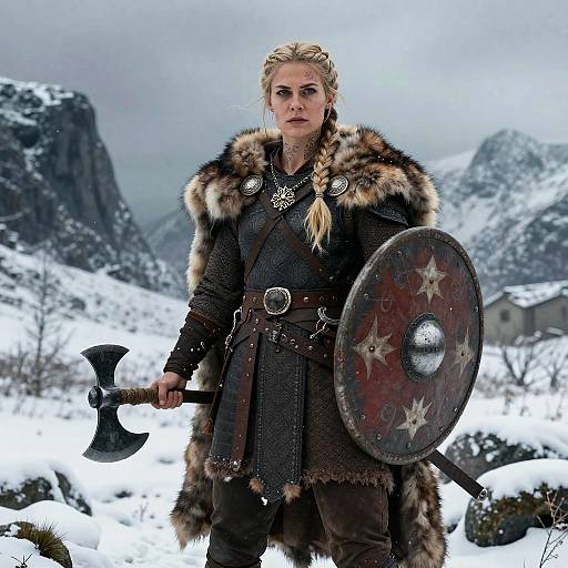 Digital artwork of a blonde Viking warrior in fur cloak, holding axe and star-patterned shield, standing in snowy mountain landscape.