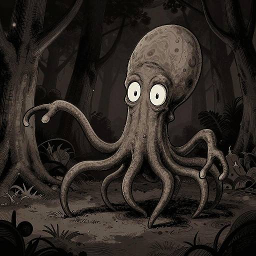 Surreal Tentacled Monster in Dark Forest