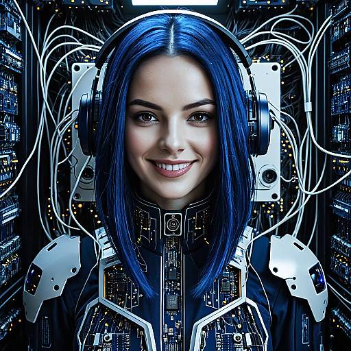 Female Android with Blue Hair and Exposed Circuitry