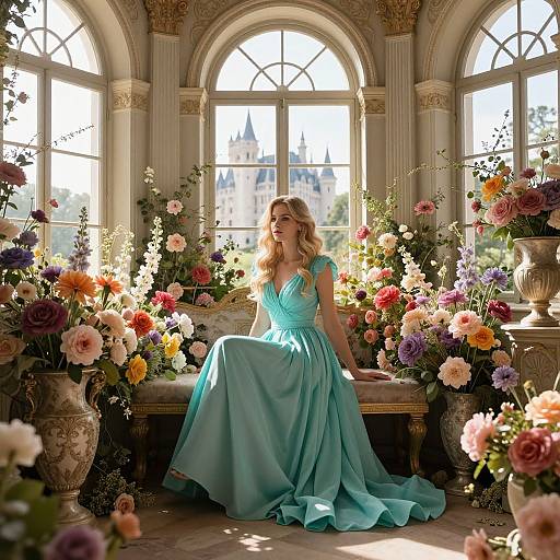 Blonde woman in a turquoise ball gown sits amidst vibrant, sunlit floral arrangements in a grand, arched-windowed room. Photorealistic digital