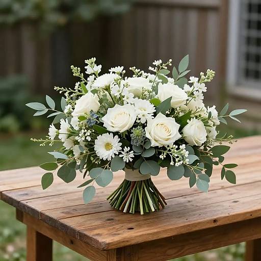 Photograph of a white floral bouquet with roses, daisies, and greenery, tied with a white ribbon, on a wooden table outdoors.