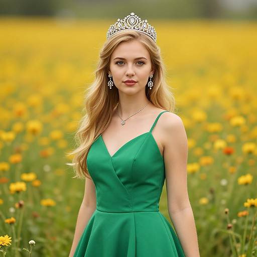 Photograph of a blonde woman with fair skin, wearing a green dress, silver tiara, and earrings, standing in a vibrant yellow field.