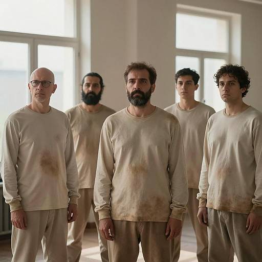 Somber Gatherings: Five Men in Beige