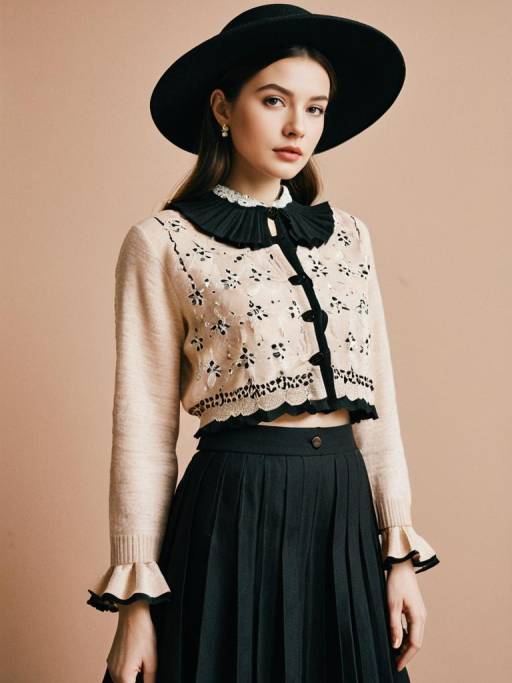 Fashionable woman in lace-embroidered cardigan and wide-brimmed hat