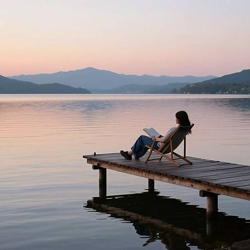 Photograph of a woman with long black hair, wearing a white shirt and blue jeans, reading on a wooden dock at sunset, with calm lake and