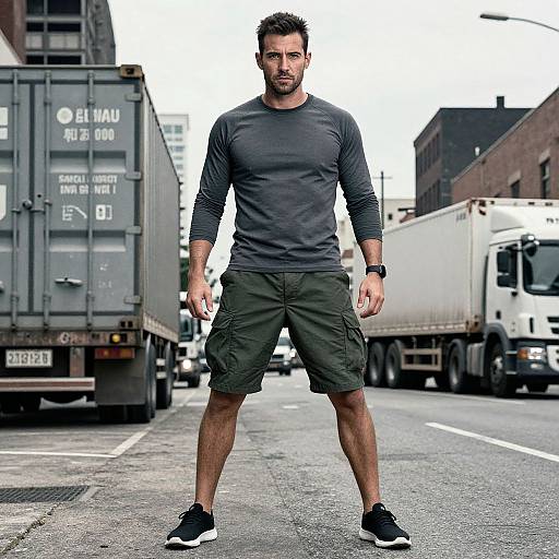Photograph of a muscular, bearded man in a gray long-sleeve shirt, green cargo shorts, and black sneakers, standing confidently in an