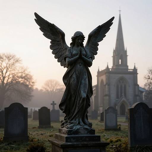 Photograph of a dark, winged angel statue in a misty cemetery, with a Gothic church and tombstones in the background.
