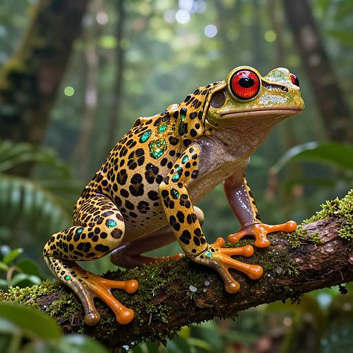 Photograph of a vibrant red-eyed tree frog with yellow and black spotted skin, orange webbed feet, perched on a mossy branch in a