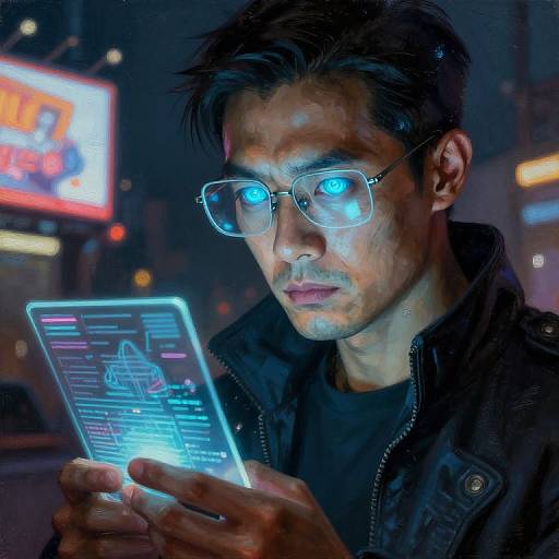 Cyberpunk-style photograph of a focused Asian man with glowing blue eyes, wearing glasses and a black jacket, intensely using a futuristic, blue-lit