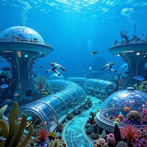 Underwater sci-fi scene: futuristic domed buildings surrounded by vibrant coral reefs, illuminated by blue lights, with three divers swimming.