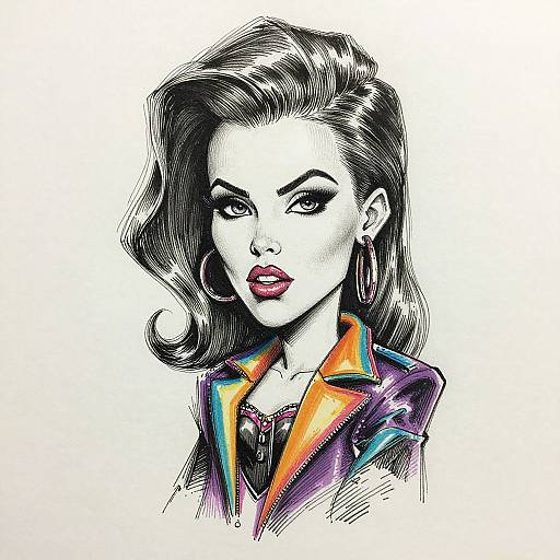 Stylized digital drawing of a glamorous woman with wavy black hair, bold red lips, large hoop earrings, and a colorful jacket, showcasing pop