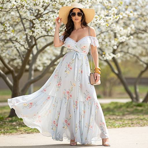 Photograph of a woman in a white floral off-shoulder dress, straw hat, sunglasses, and floral bracelets, standing in a sunlit,