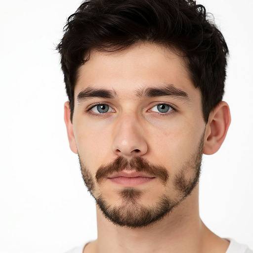 Photograph of a young man with fair skin, blue eyes, short dark hair, and a trimmed beard, against a plain white background.