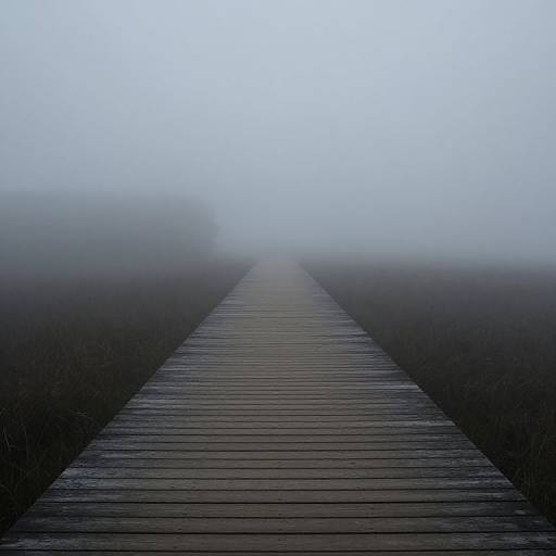 Photograph of a foggy wooden boardwalk stretching into a misty, grassy field, with indistinct shapes of trees fading into the background