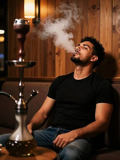 Man Smoking Shisha in Cosy Hookah Bar