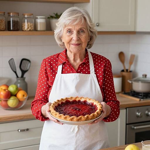 Photograph of an elderly woman with white hair, wearing a red polka-dot shirt and white apron, holding a jam-filled pie in a bright