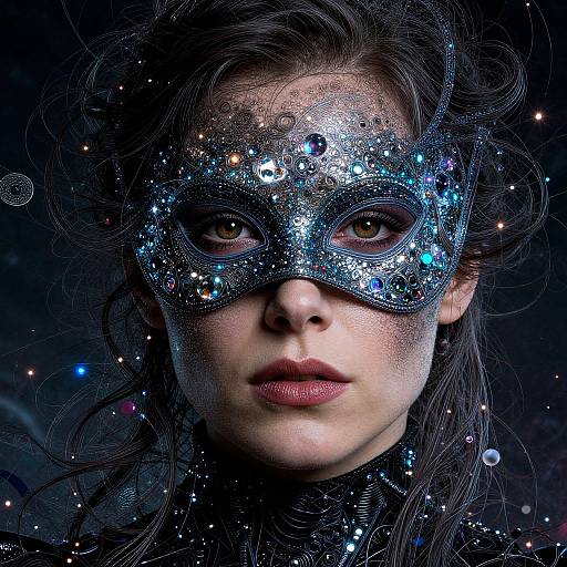 Photograph of a woman with pale skin, dark wavy hair, and intense brown eyes wearing a glittery blue masquerade mask adorned with stars