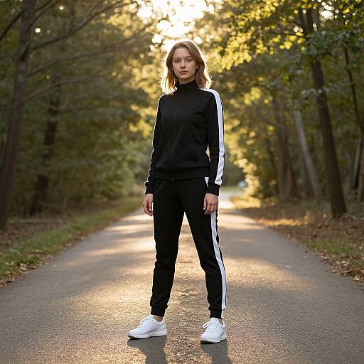 Photograph of a young woman with wavy brown hair, wearing black track suit with white stripes, white sneakers, standing on a sunlit, tree