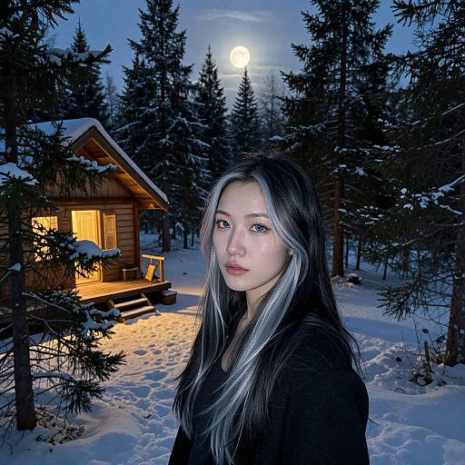 Photograph of an Asian woman with long, silver-blonde highlighted hair, standing in a snowy forest at night, in front of a wooden cabin