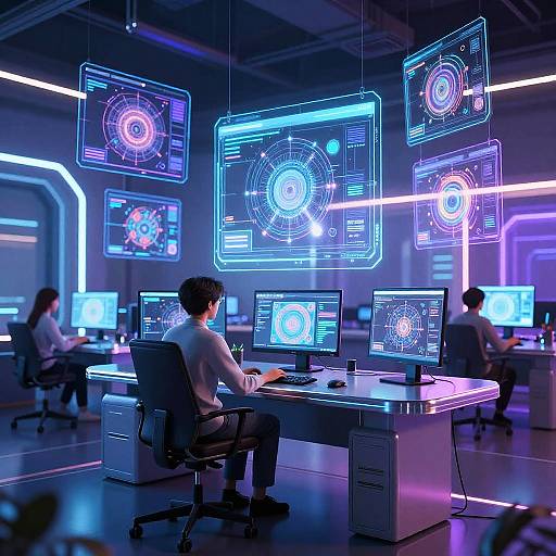 Photograph of a futuristic office with neon blue and purple lights, multiple computer screens displaying abstract circular interfaces, and three people working at desks.