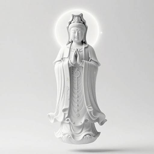 Photorealistic CGI of a monochrome, intricately detailed Buddhist statue in traditional robes, standing with hands in prayer pose, glowing white background.