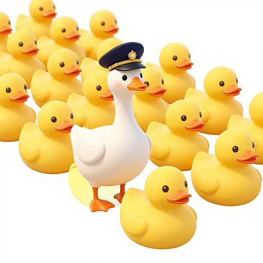 Digital illustration of a white duck with a navy cap surrounded by numerous yellow rubber ducks against a white background.