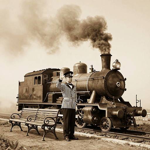 Vintage Train Conductor Waving at Steam Engine