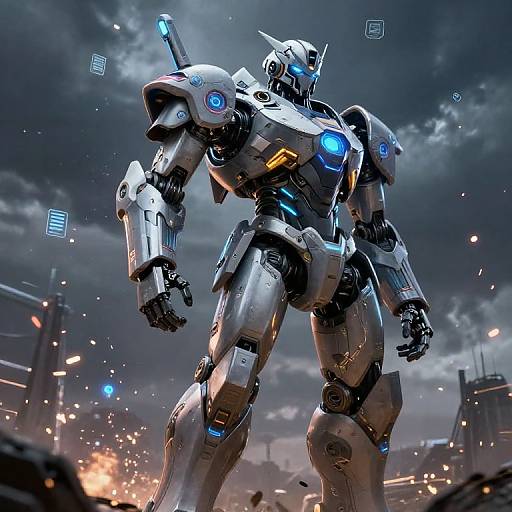 Photorealistic CGI of a towering, silver and blue futuristic mecha robot with glowing blue eyes and joints, standing in a dark, industrial, sci