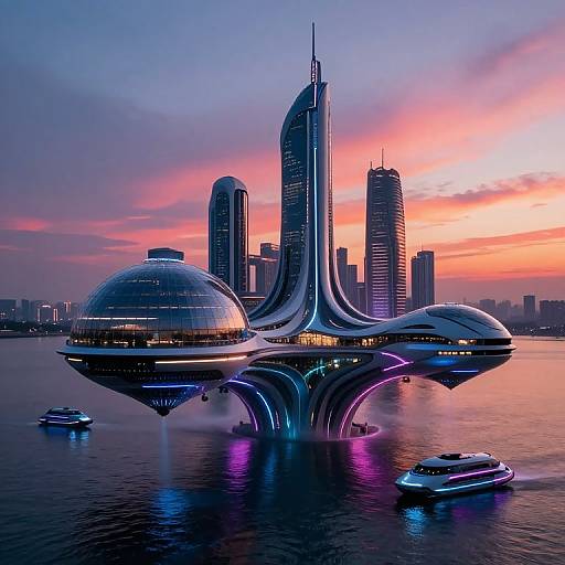 Futuristic cityscape at sunset featuring a sleek, floating, sci-fi building with curved, illuminated structures, reflecting on a calm water surface.