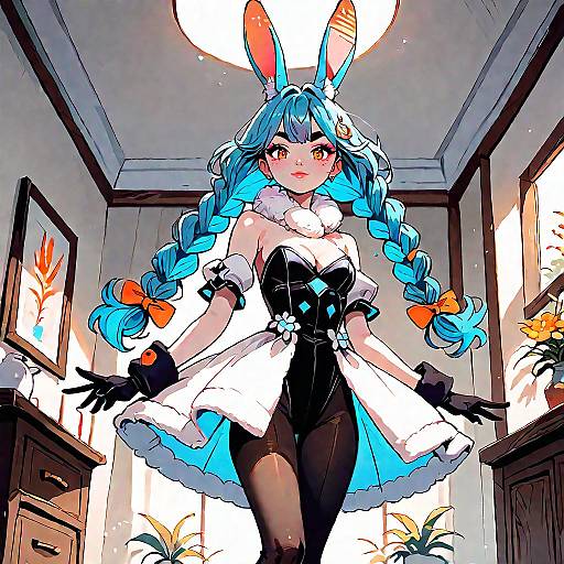 Anime Girl with Blue Twin Braids and Rabbit Ears
